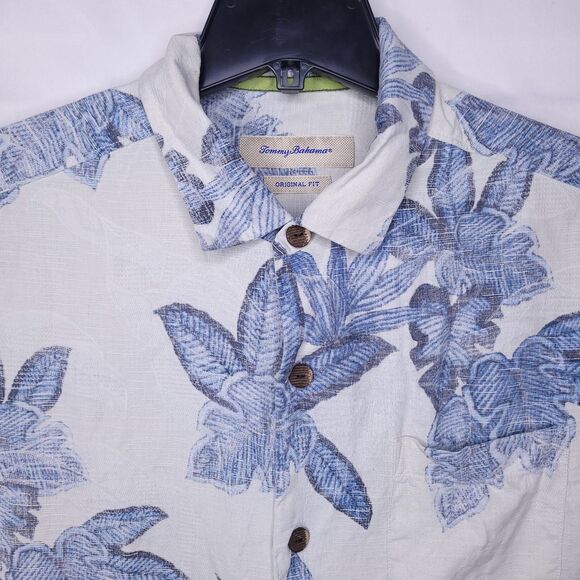 Tommy Bahama Silk Hawaiian Shirt Mens Large Floral Blue, White Original Fit Camp - Picture 2 of 12